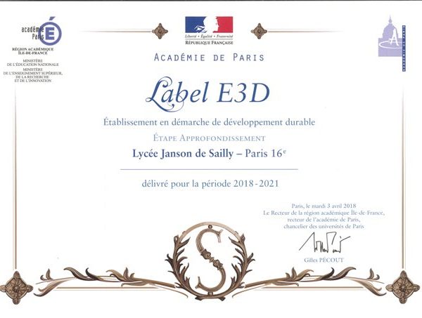 Labellisation E3D: Établissement Démarche Développement Durable  – niveau approfondissement